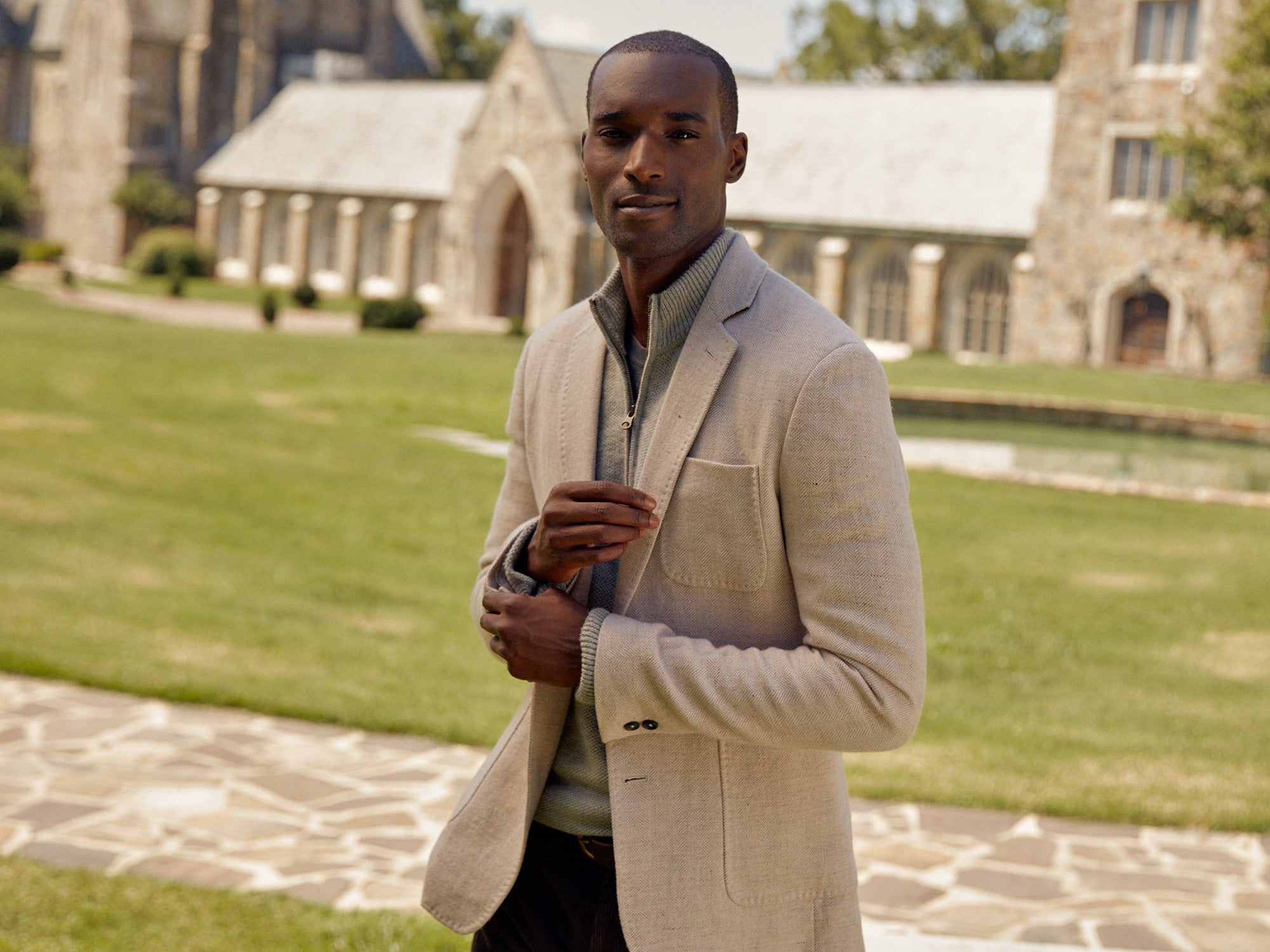 Model wears a Billy Reid suit jacket.