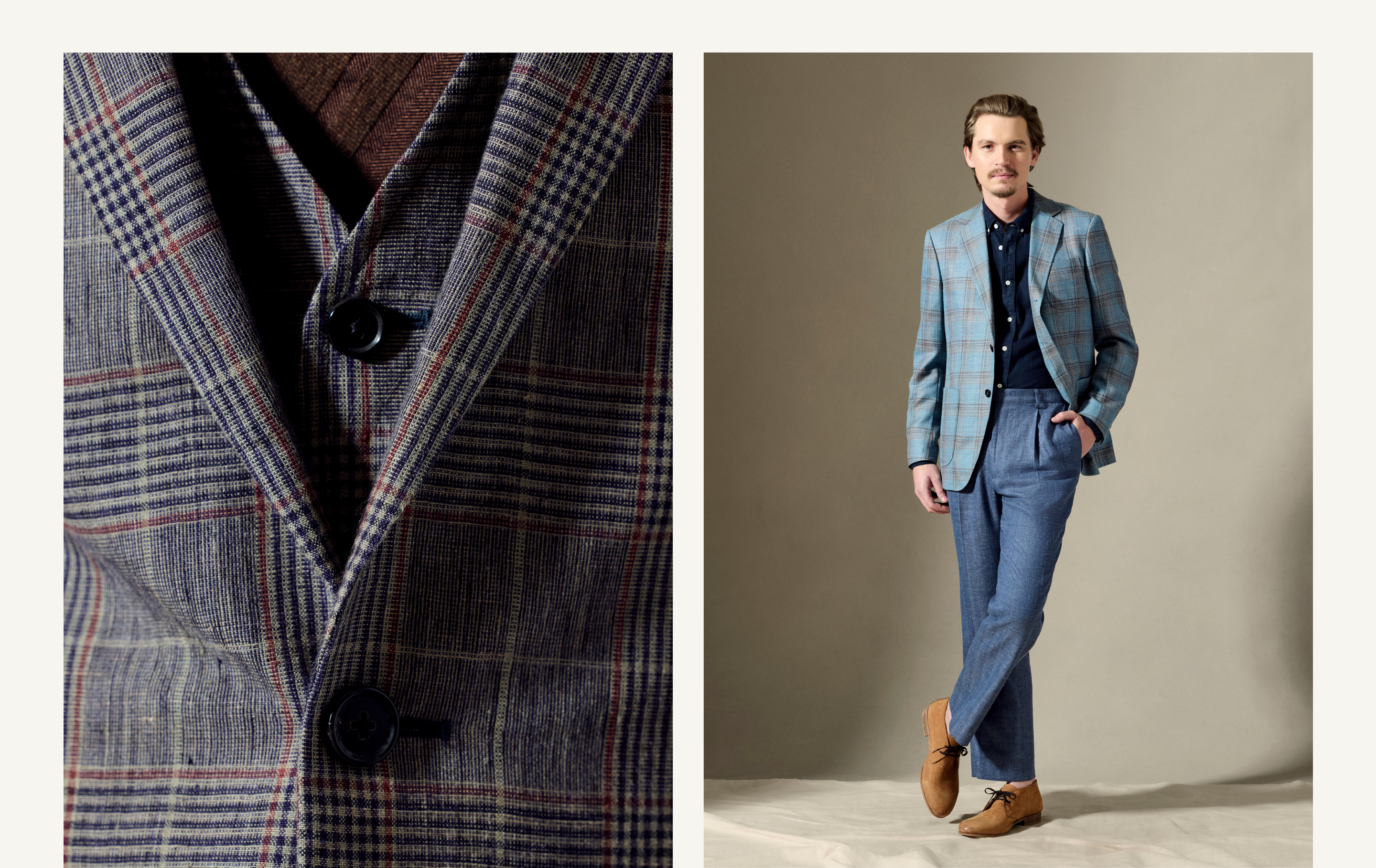 Plaid blazer with close-up details and a man wearing the blazer in a neutral setting.