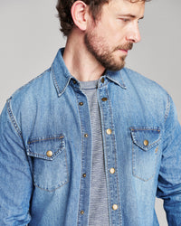A man wearing a light blue denim button-up shirt over a gray knit crewneck sweater, shown in a close-up profile view against a solid gray background.