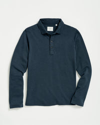 A long-sleeve, dark blue polo shirt with a collar and three buttons at the neckline, laid flat on a white background.