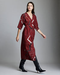 Mountain Silk V Pleat Maxi Dress in Maroon