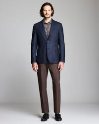 Model shows the fit of the Virgin Wool Plaid Archie Jacket