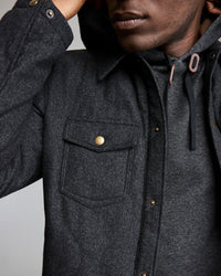 A close-up of a person wearing a dark gray button-up jacket with a chest pocket and a hoodie underneath. The persons face is partially out of frame, and they have a hand raised near their head.