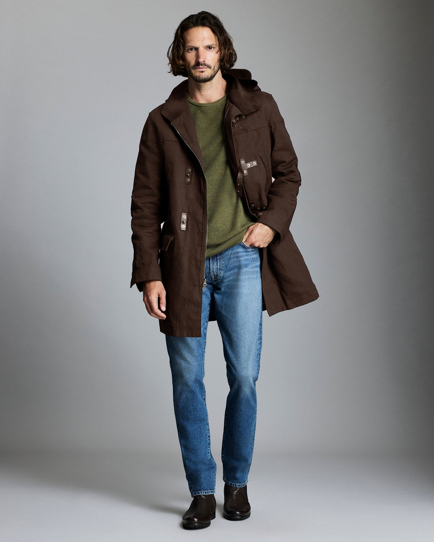 Model shows the fit of the Waxed Canvas Duffle Coat in Rustic Brown