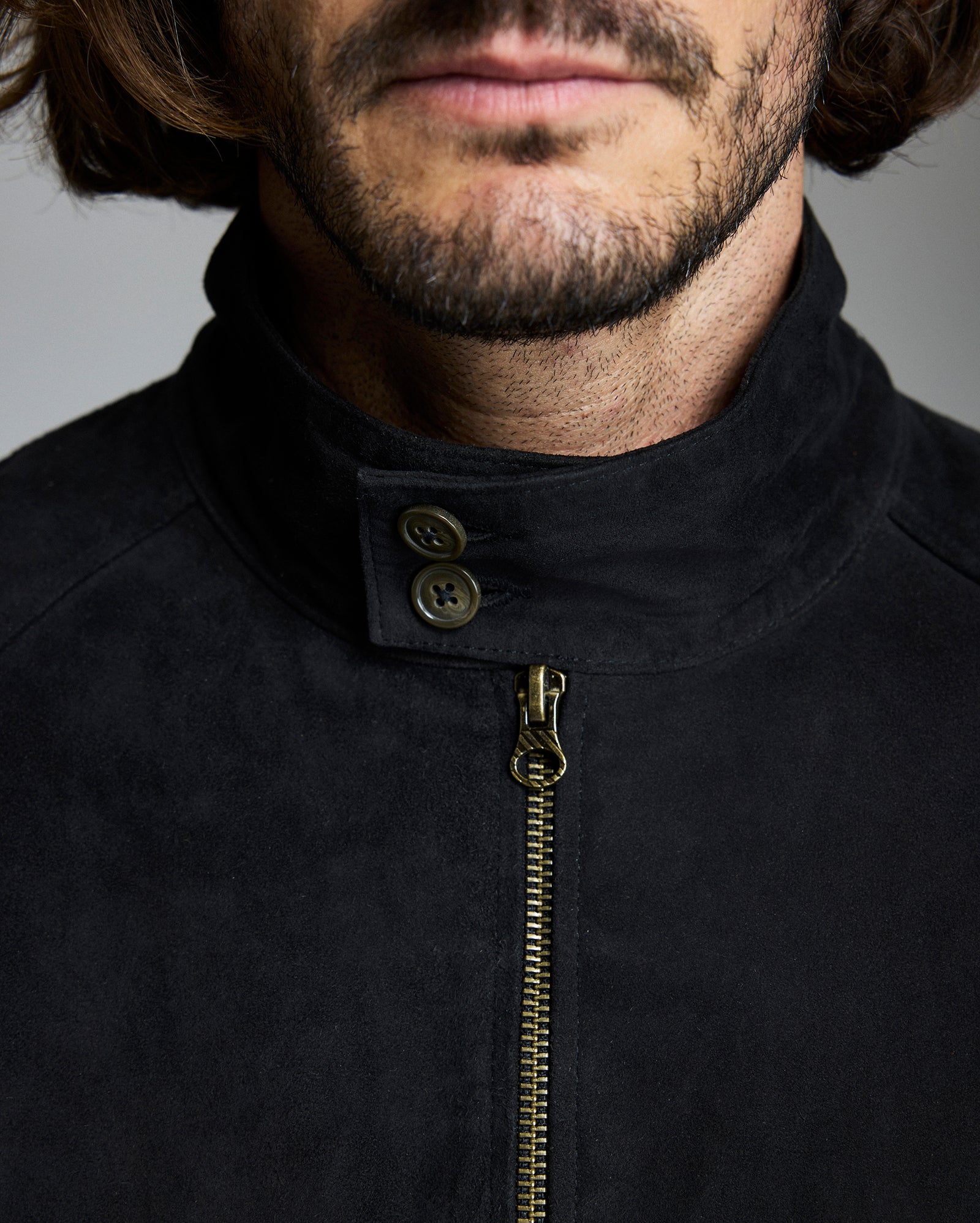 Close-up of a man’s lower face and neck wearing a black suede jacket with a high collar, two buttons, and a brass zipper. The jacket and facial hair are in sharp focus.