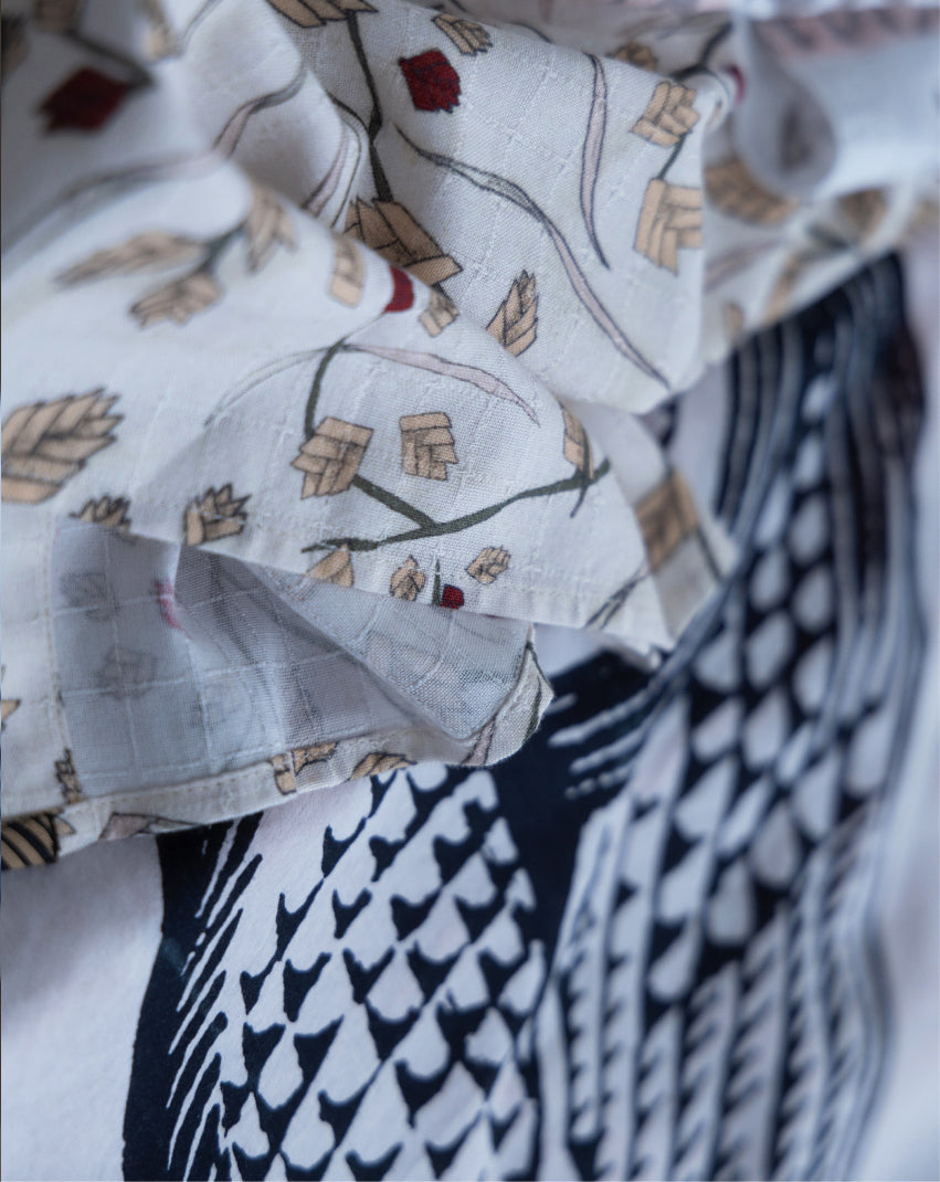 Close-up of patterned fabric with tree design on a white background
