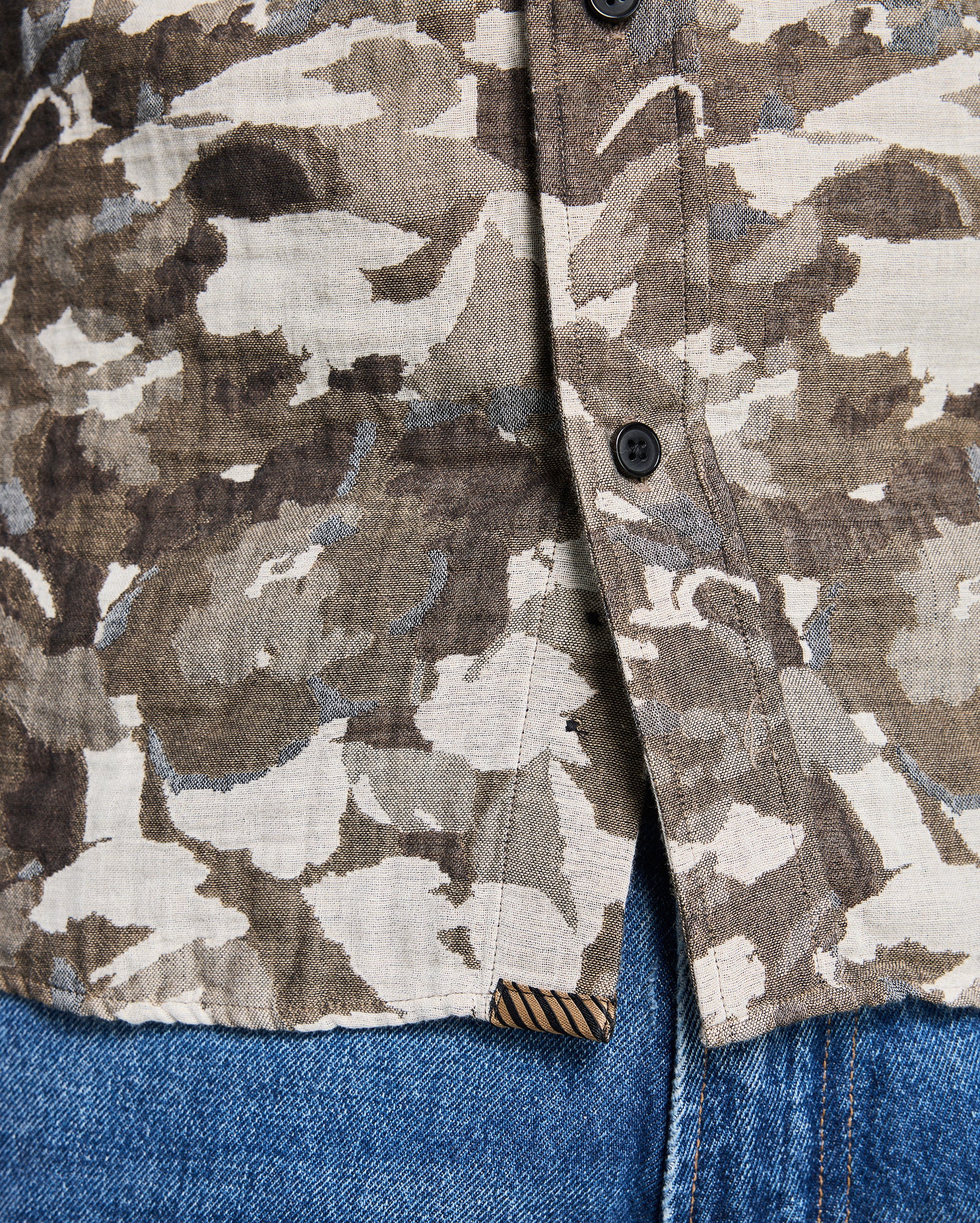 Camouflage jacket with button details on a blue denim background