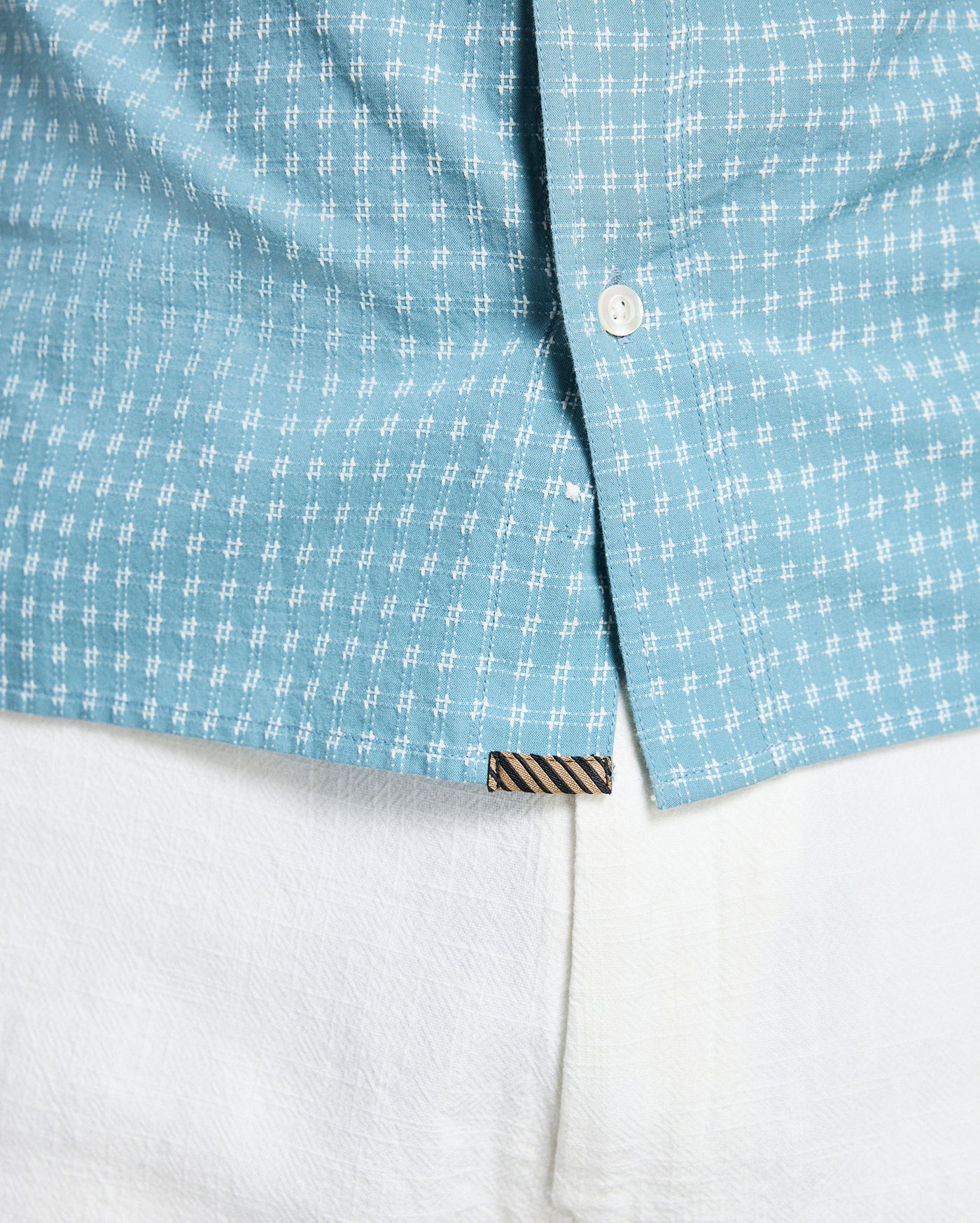 Close-up of a blue checkered shirt with a white collar and button.