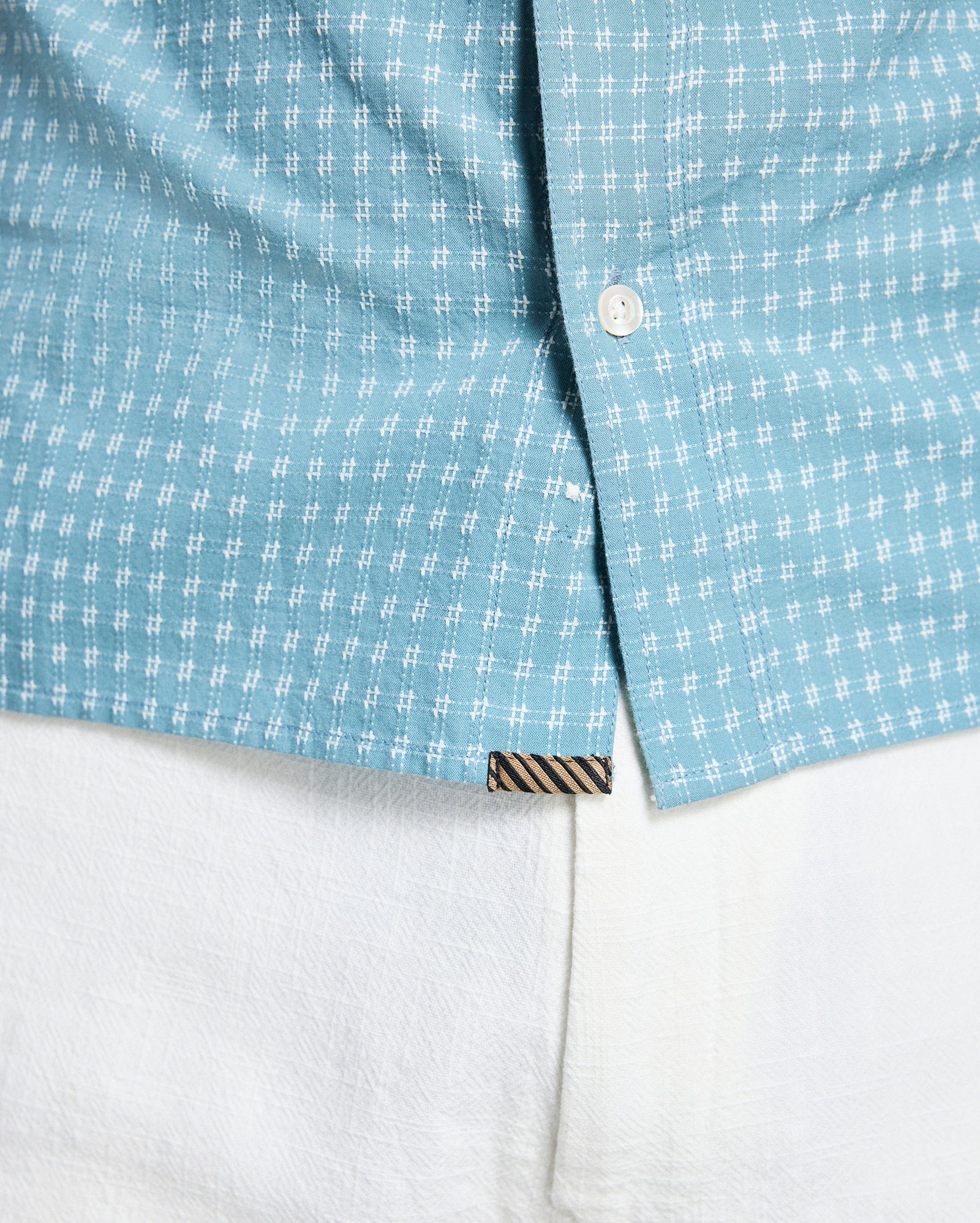 Close-up of a blue checkered shirt with a white collar and button.