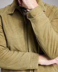Close-up of a person wearing a green coat with a focus on the sleeve and collar.