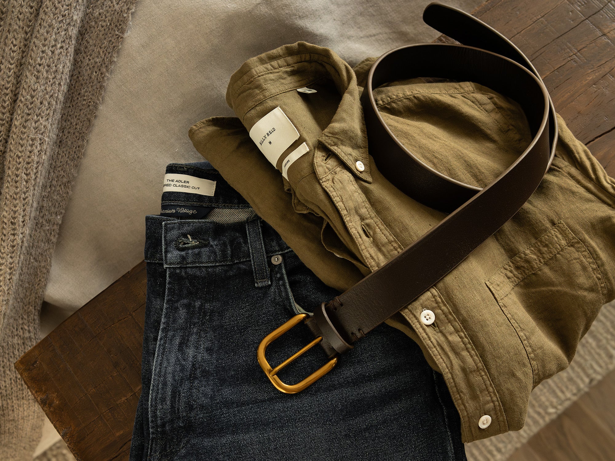 Billy Reid clothing, topped with a belt.