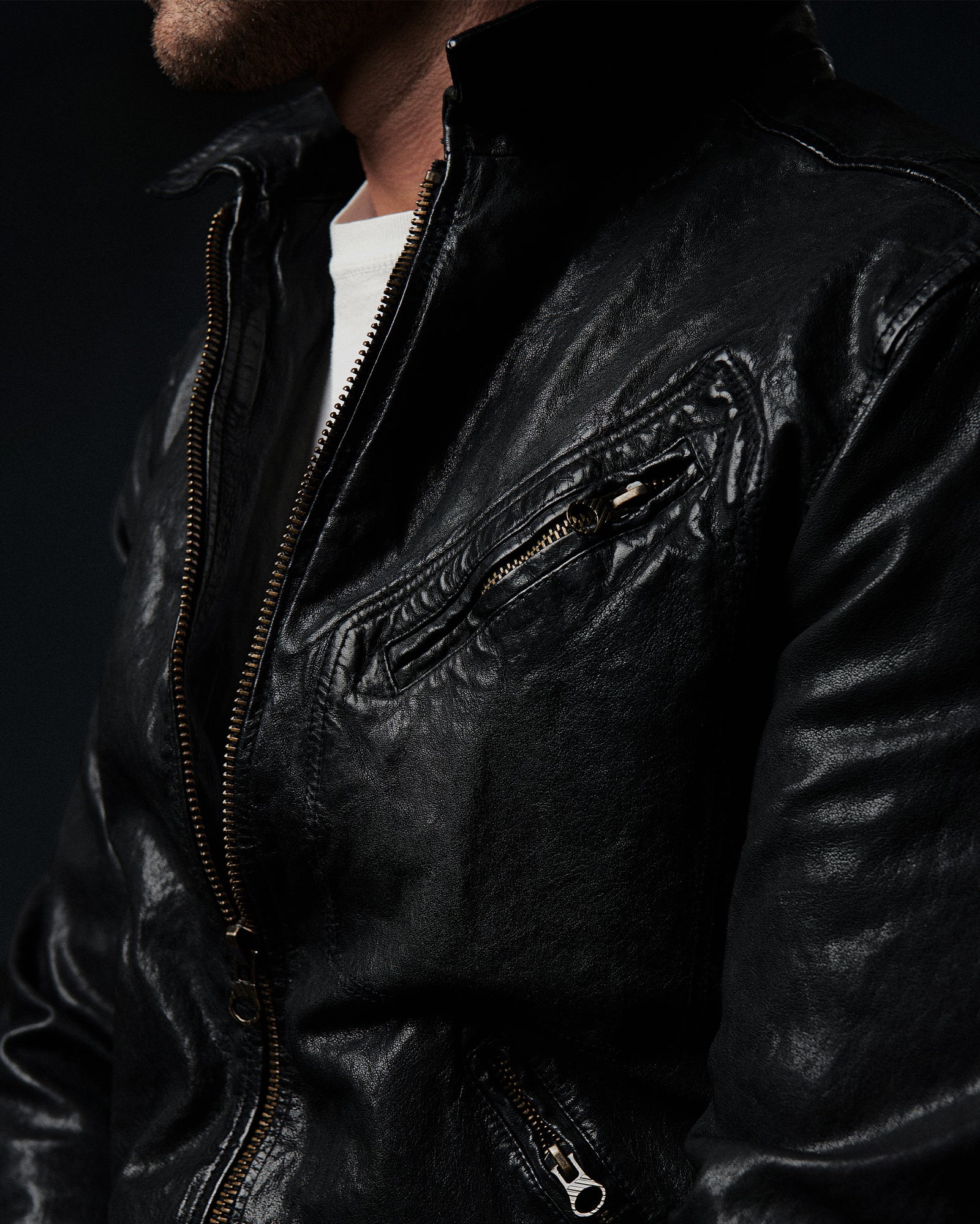 Close-up of a black leather jacket with a dark background