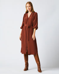 Female model wears the Tea Dress in Wine/Chocolate