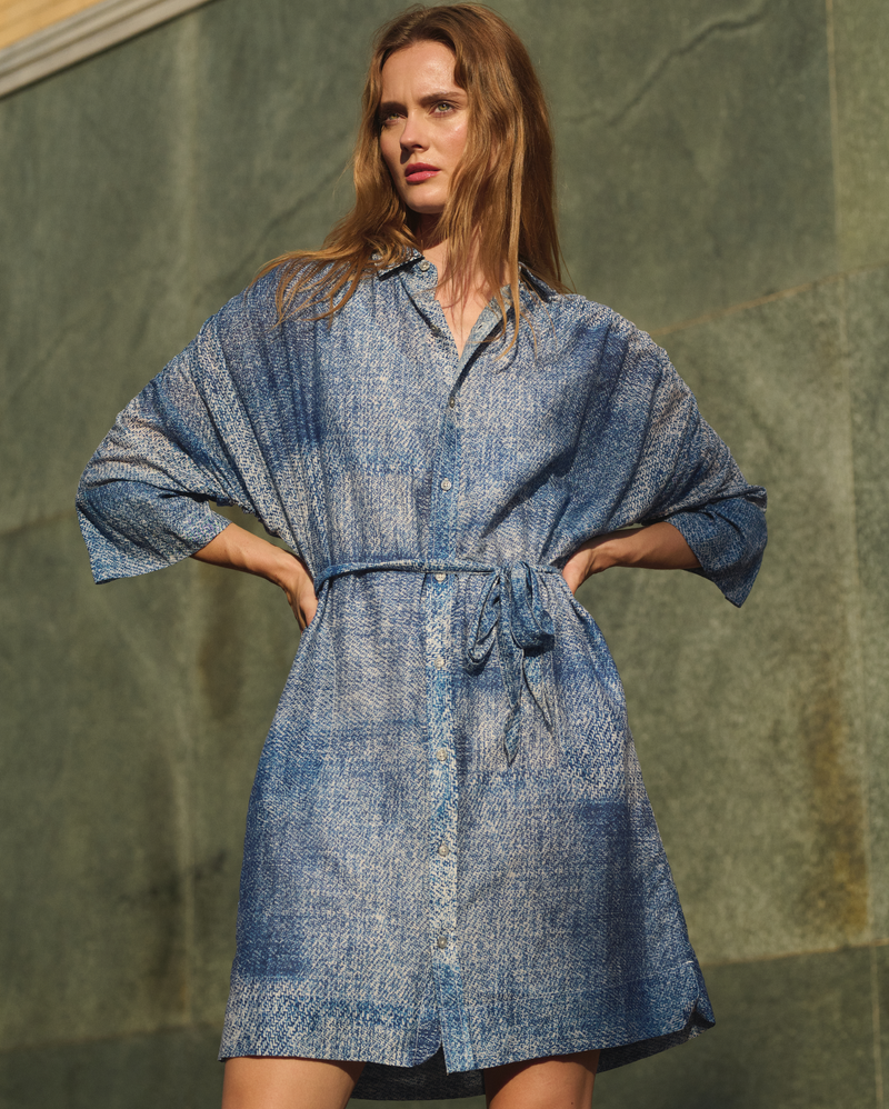 Indigo Texture Shirred Shoulder Shirtdress