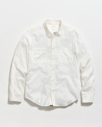 A long-sleeve, button-up white shirt with a collar and two chest pockets, laid flat on a plain white background.