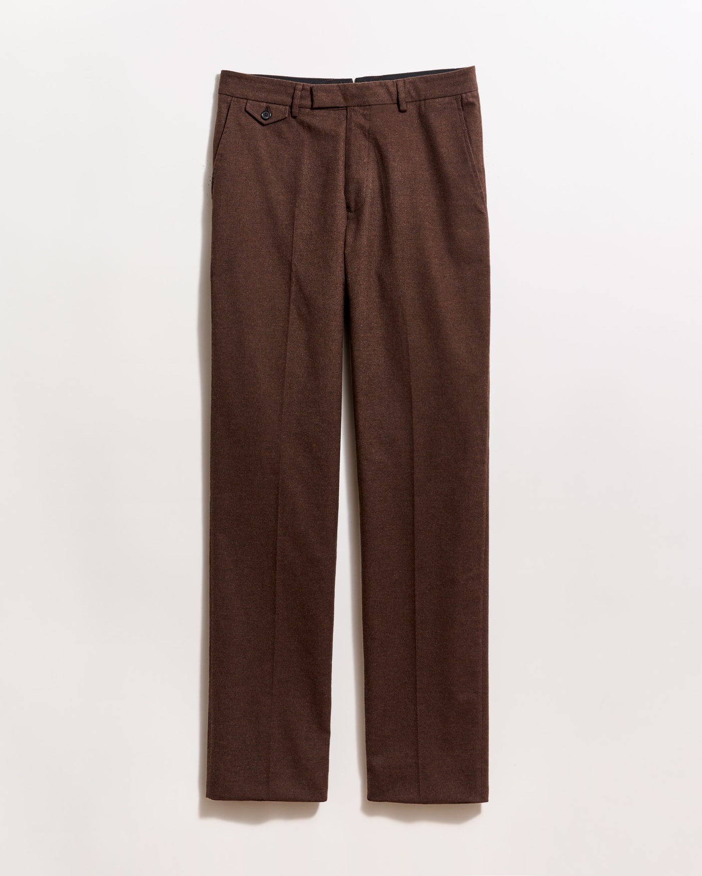 A pair of brown dress pants with a straight-leg cut is displayed against a plain white background. The pants have belt loops, side pockets, and a buttoned flap pocket on the right hip.