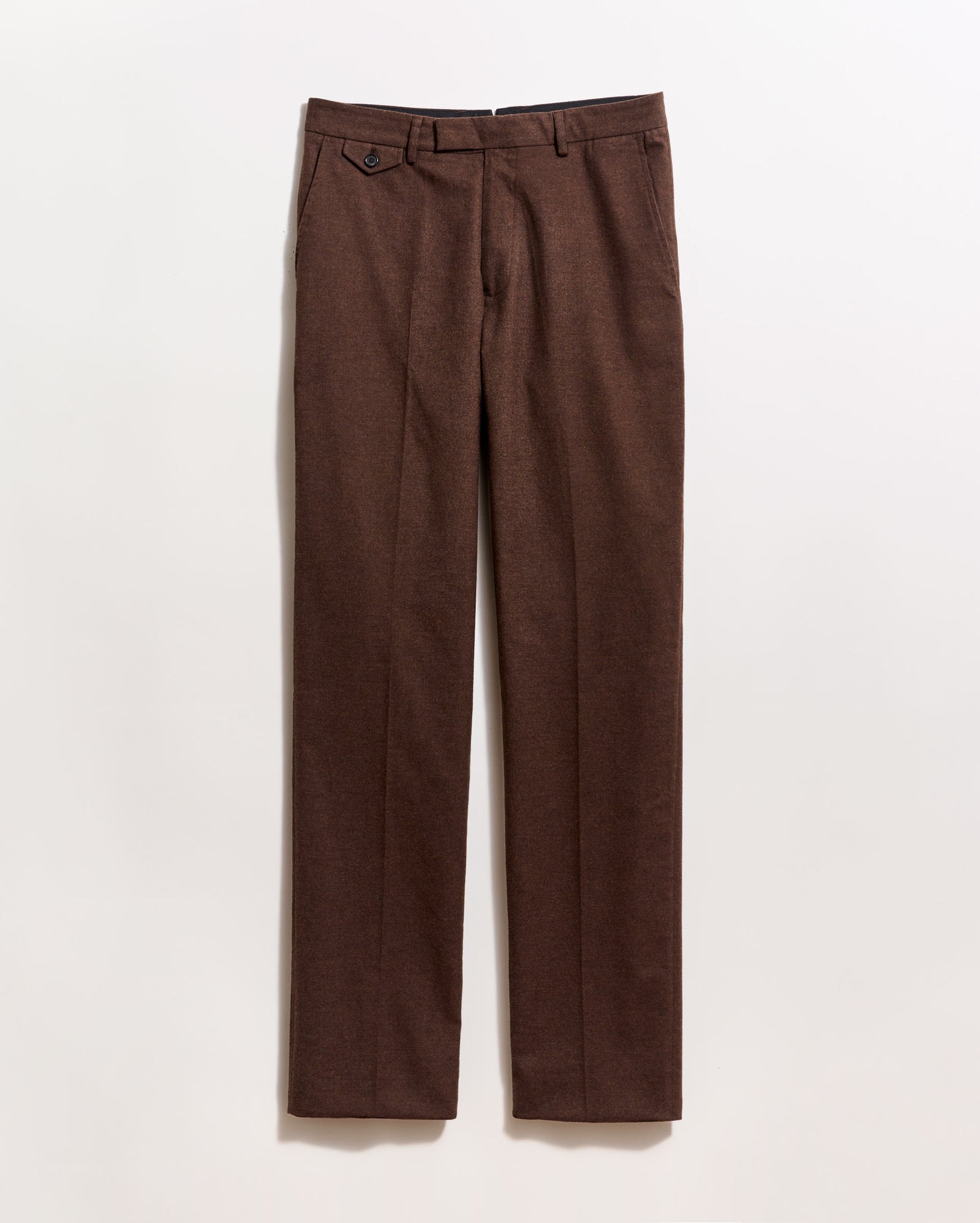 A pair of brown dress pants with a straight-leg cut is displayed against a plain white background. The pants have belt loops, side pockets, and a buttoned flap pocket on the right hip.