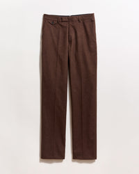 A pair of brown dress pants with a straight-leg cut is displayed against a plain white background. The pants have belt loops, side pockets, and a buttoned flap pocket on the right hip.