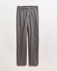 Gray dress pants with a straight-leg cut, side pockets, and a single buttoned flap pocket on the front, displayed against a plain white background.
