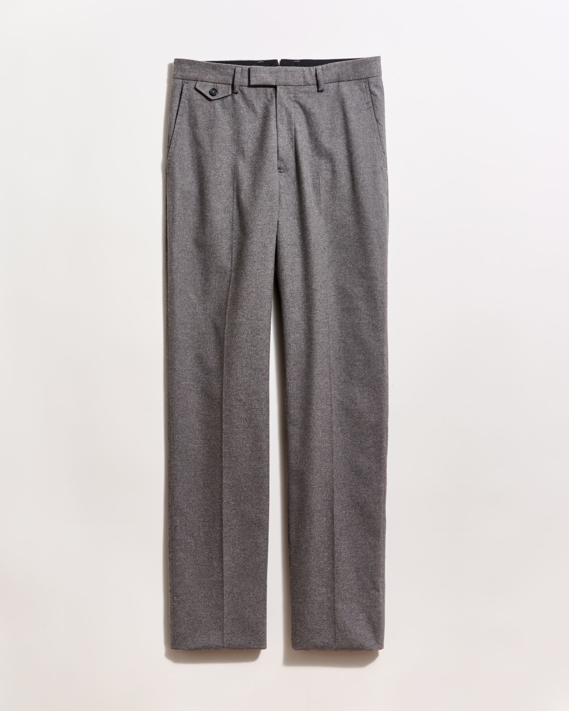 Gray dress pants with a straight-leg cut, side pockets, and a single buttoned flap pocket on the front, displayed against a plain white background.