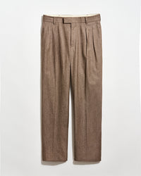 Light brown pleated dress pants with belt loops, front zipper, and straight legs, displayed against a plain white background.