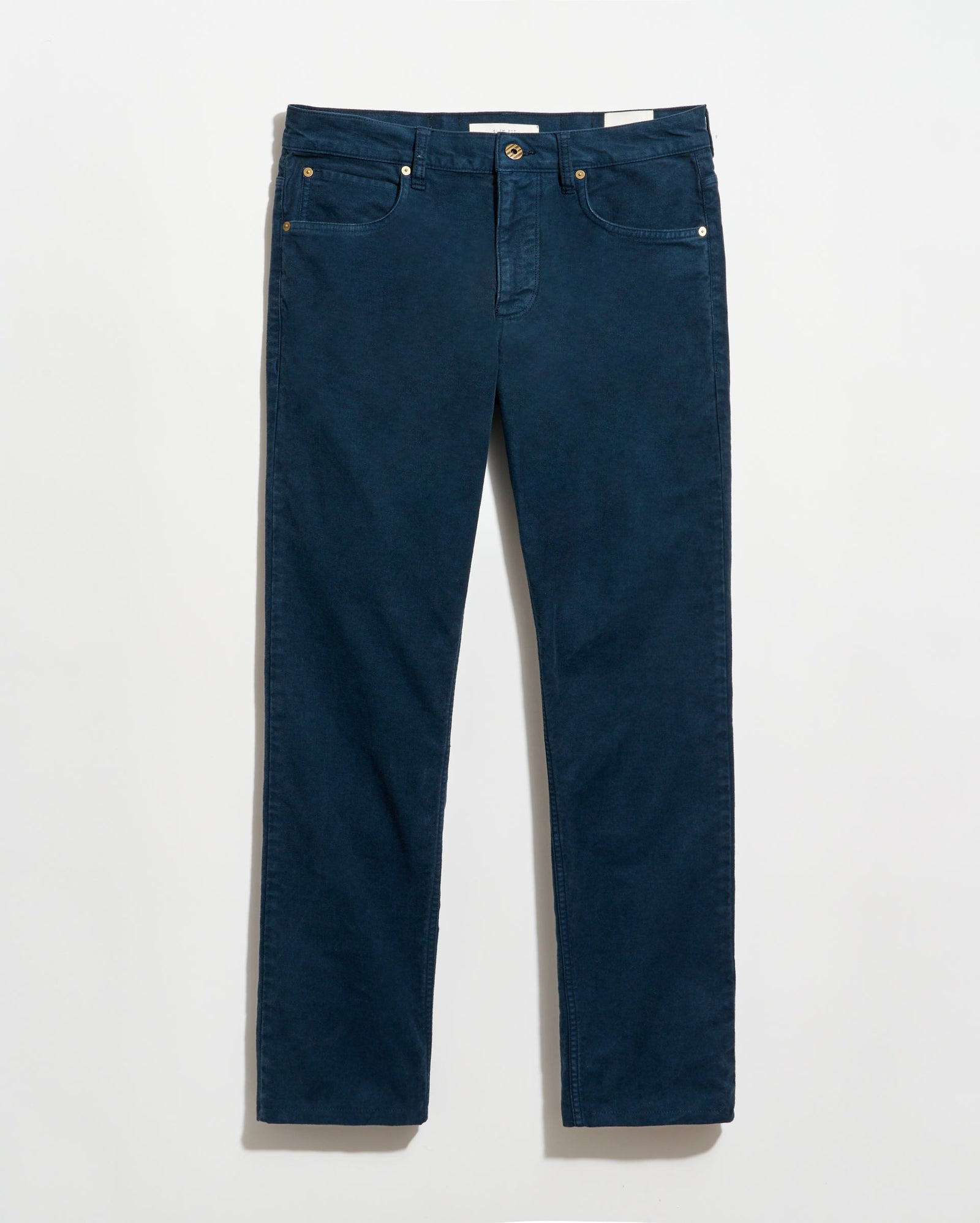 Dark blue straight-leg pants with front and back pockets, gold button closure, and no visible branding, displayed flat against a white background.