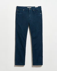 Dark blue straight-leg pants with front and back pockets, gold button closure, and no visible branding, displayed flat against a white background.