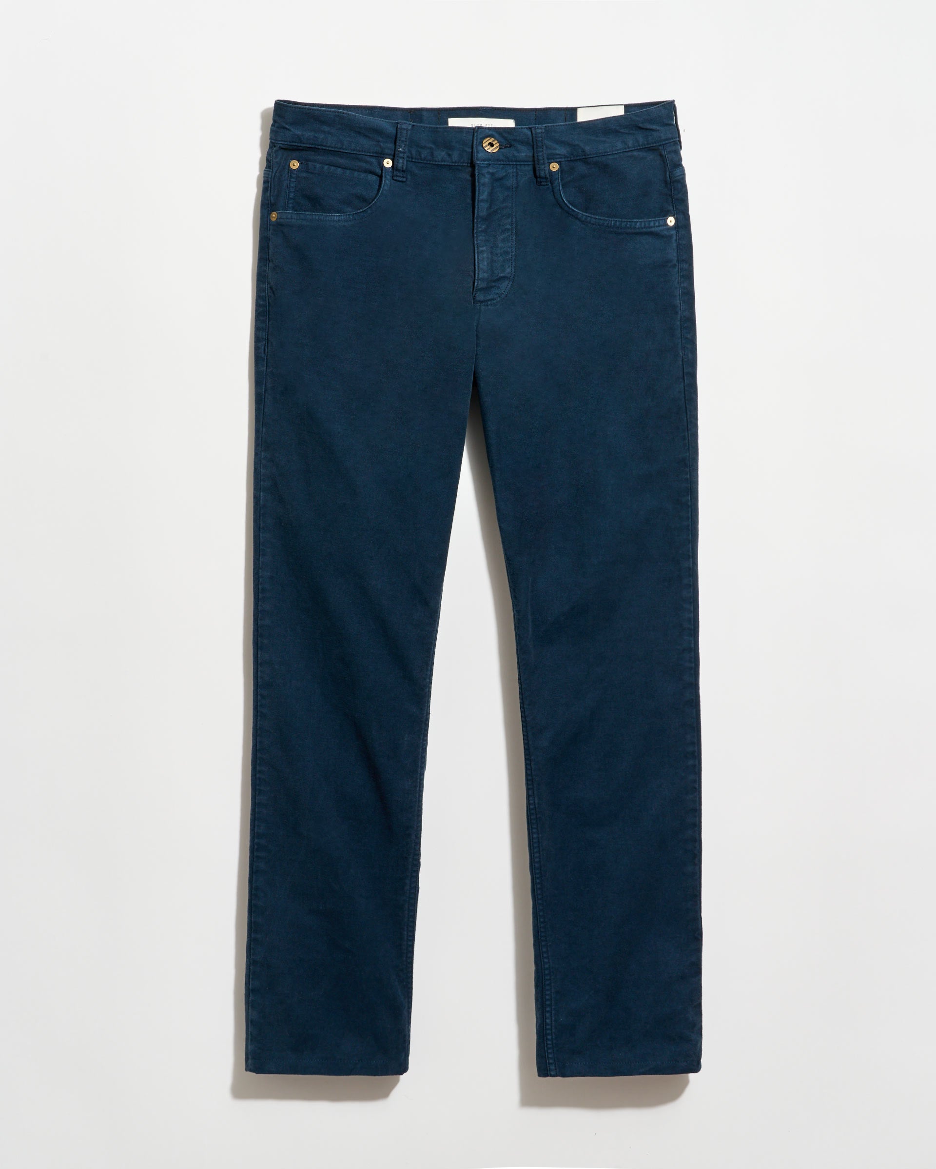 Dark blue straight-leg pants with front and back pockets, gold button closure, and no visible branding, displayed flat against a white background.