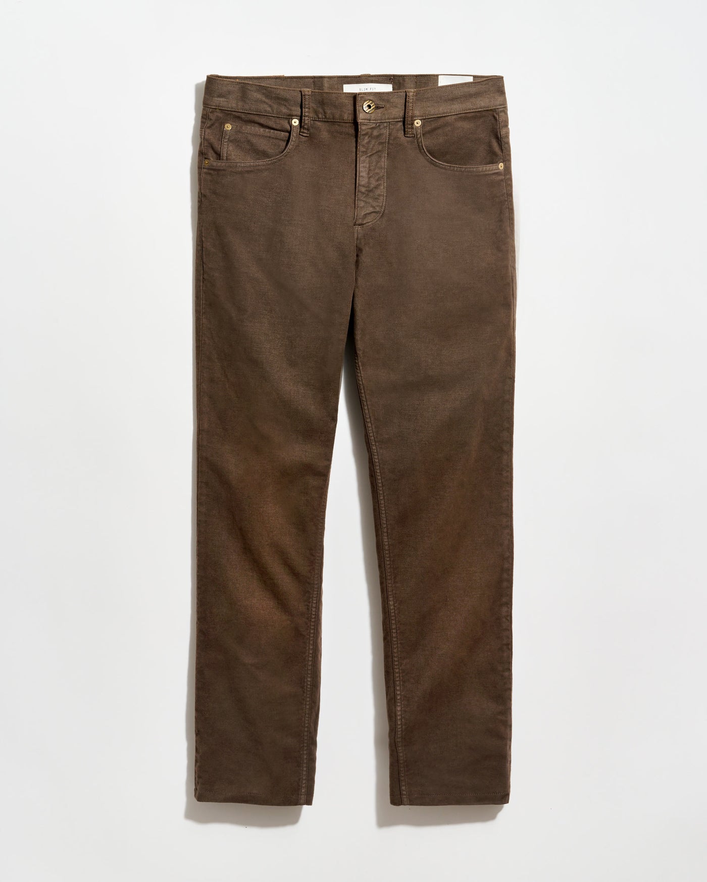 A pair of brown pants with a straight-leg cut, five pockets, and a button closure, laid flat on a white background.