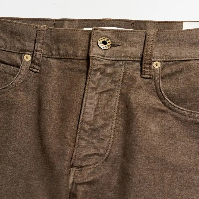 Close-up of brown pants with a focus on the waistband and pocket area.