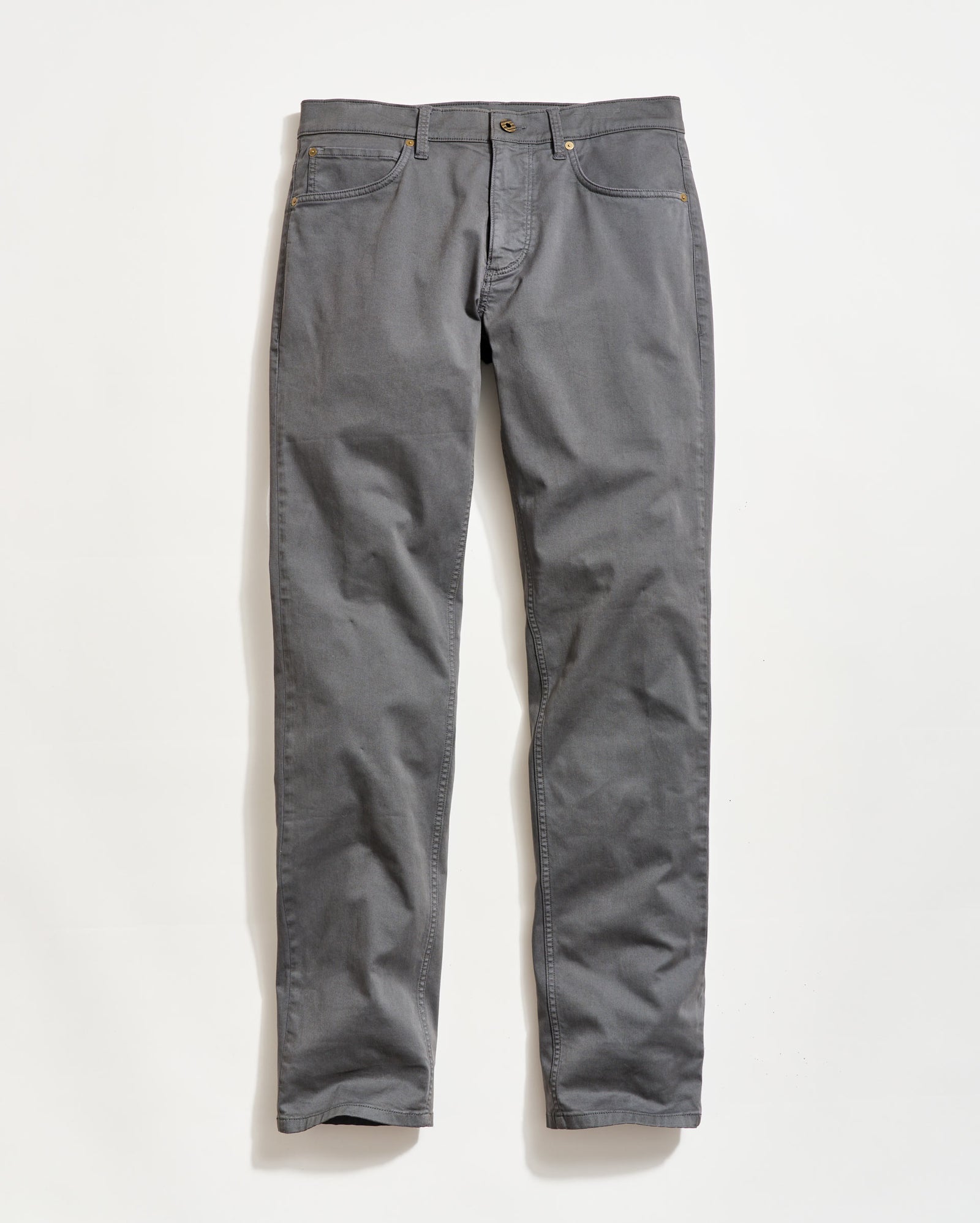 A pair of gray straight-leg pants with front and back pockets, belt loops, and a button and zipper closure, laid flat on a white background.