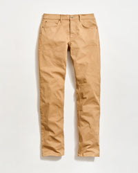 A pair of tan-colored, straight-leg pants made of cotton, displayed flat on a white background. The pants have front and back pockets, belt loops, and a button closure.
