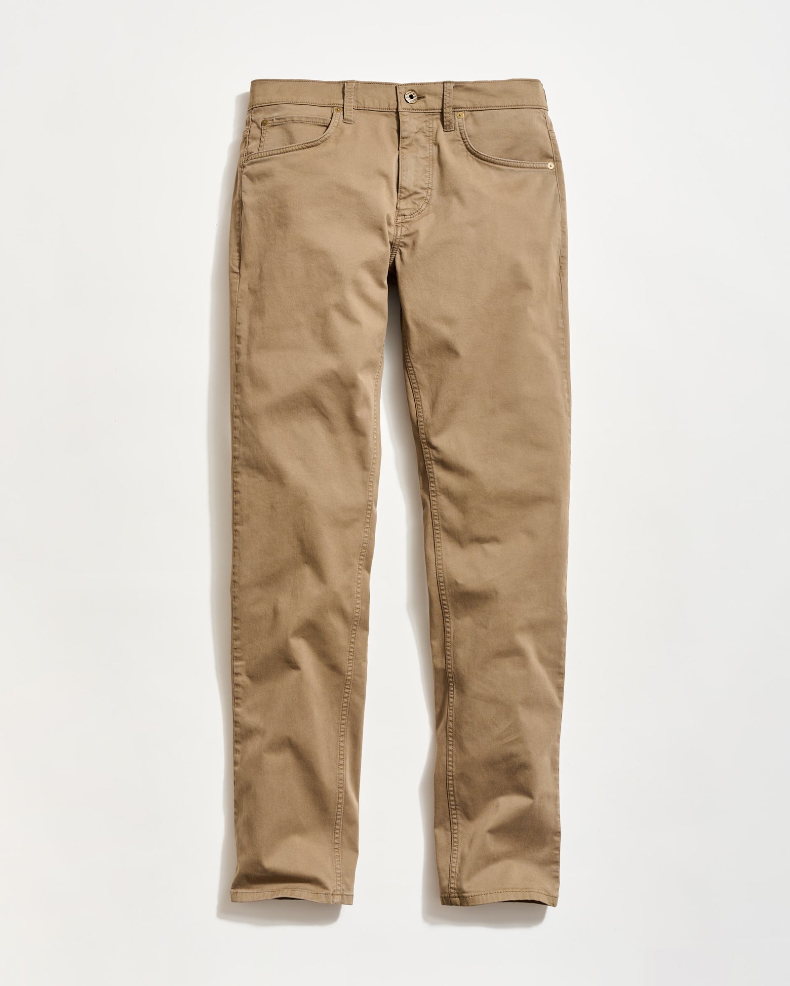 A pair of tan or khaki-colored straight-leg pants laid flat on a white background. The pants have front and back pockets, belt loops, and a button closure.