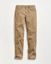 A pair of tan or khaki-colored straight-leg pants laid flat on a white background. The pants have front and back pockets, belt loops, and a button closure.