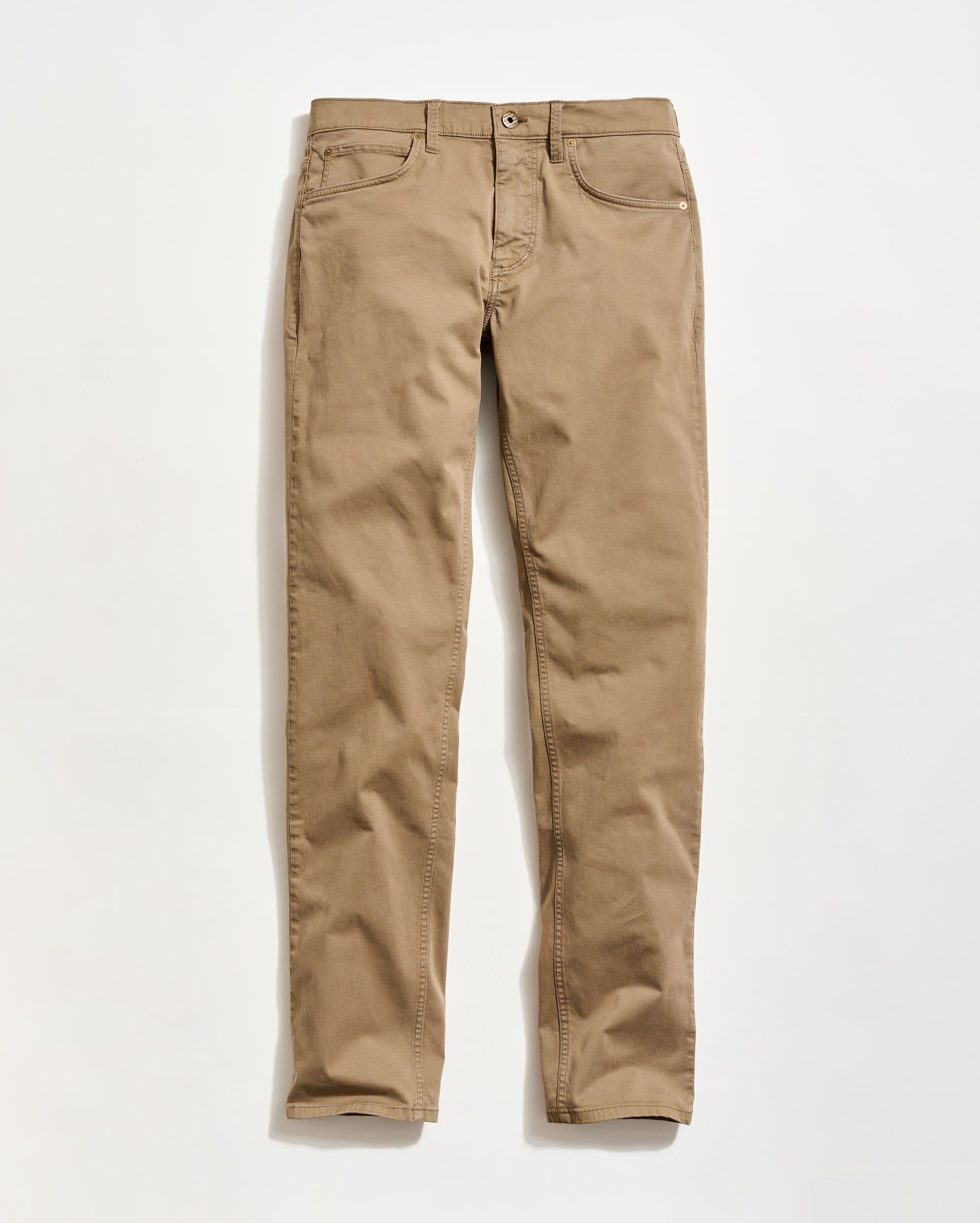A pair of tan or khaki-colored straight-leg pants laid flat on a white background. The pants have front and back pockets, belt loops, and a button closure.