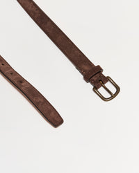 A brown suede belt with a brass buckle is laid flat on a white background. The belt is partially unbuckled, showing the pointed end and adjustment holes.