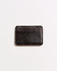 A dark brown leather cardholder with diagonal stitching, placed on a plain white background.