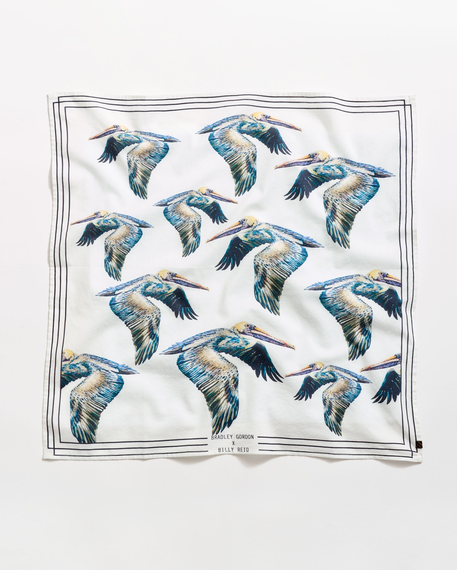 A white square cloth features a repeated pattern of illustrated pelicans in flight, with blue, yellow, and brown colors. Thin black lines frame the edge, and HOLLY GORDON BILLY REID is printed at the bottom.