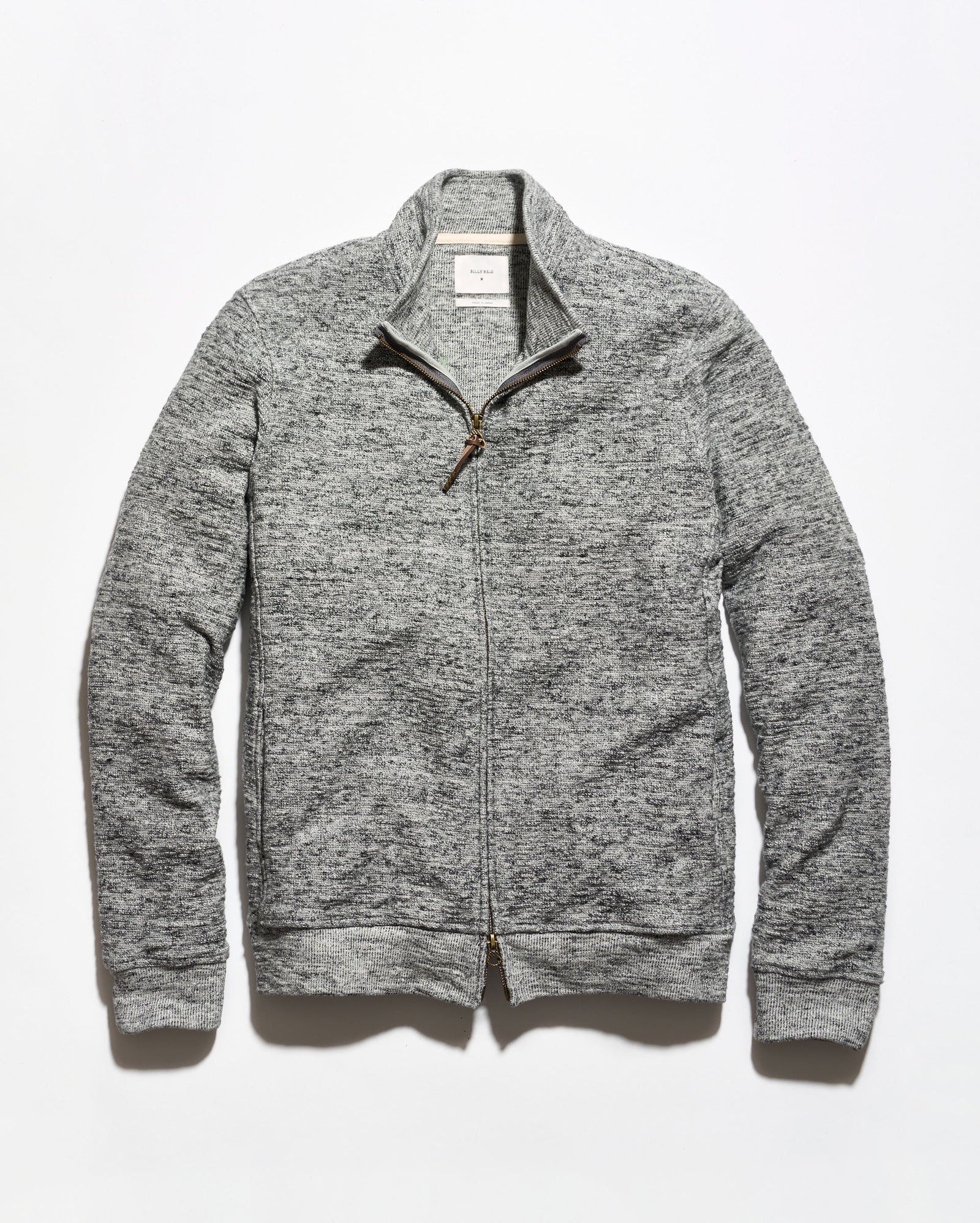 A gray heathered zip-up sweater jacket with a mock neck collar and a brown leather zipper pull, displayed flat against a white background.
