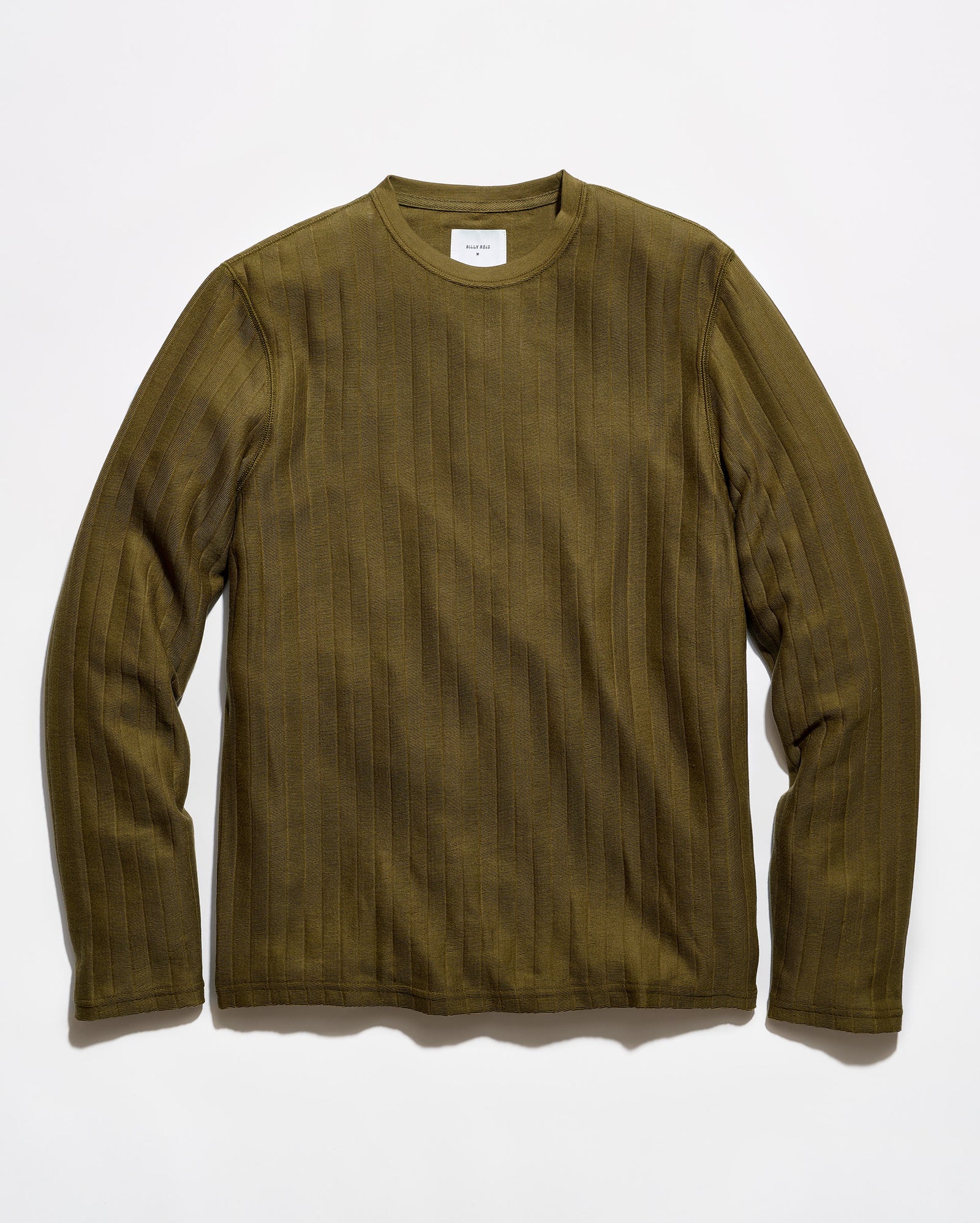 An olive green long-sleeve ribbed knit shirt with a crew neck, laid flat against a white background.