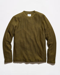 An olive green long-sleeve ribbed knit shirt with a crew neck, laid flat against a white background.
