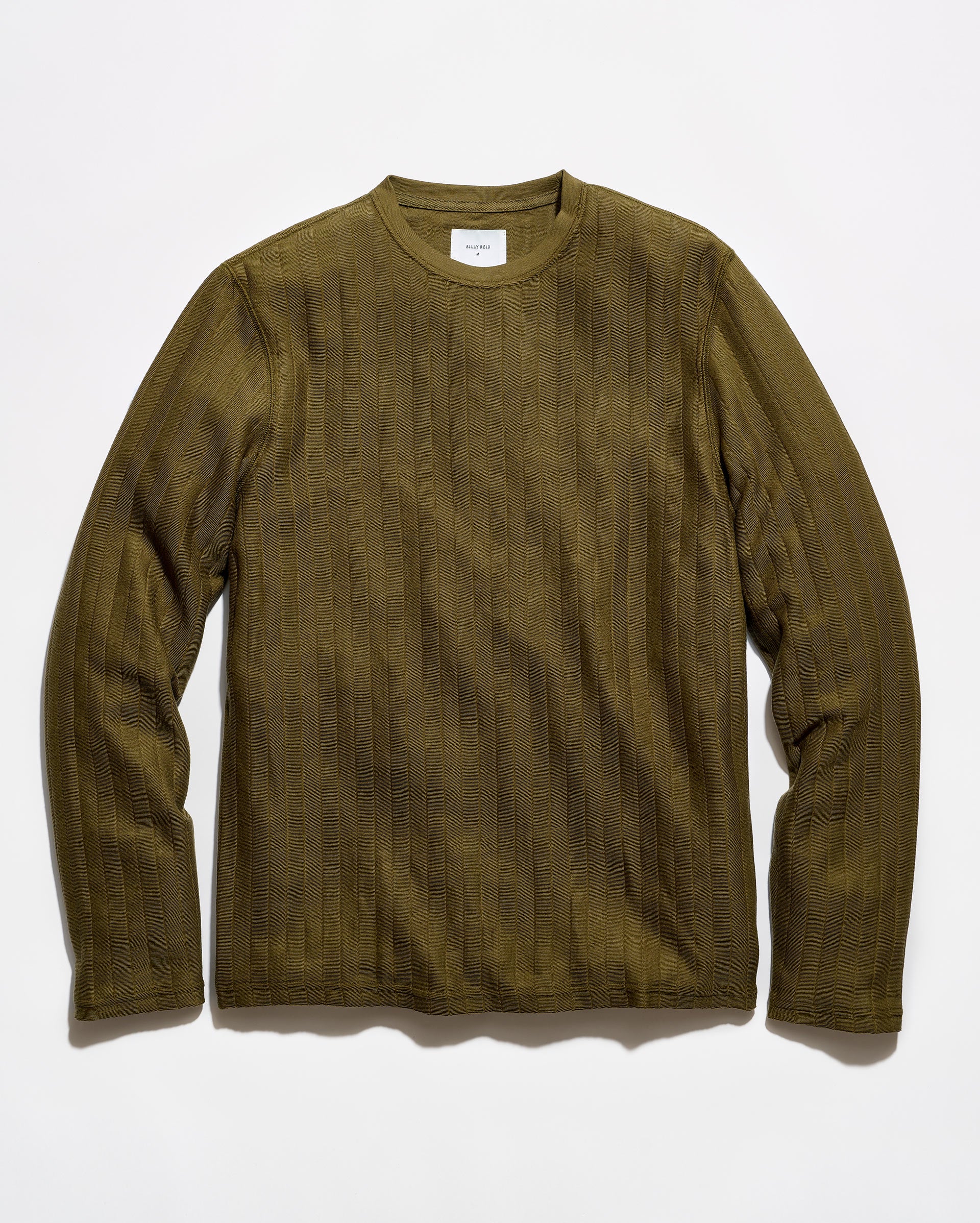 An olive green long-sleeve ribbed knit shirt with a crew neck, laid flat against a white background.