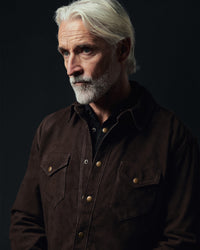Man wearing a brown jacket with gold buttons against a dark background