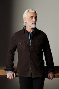 Man wearing a dark brown jacket against a neutral background