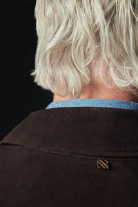 Close-up of a person wearing a dark jacket with a visible brand logo against a black background