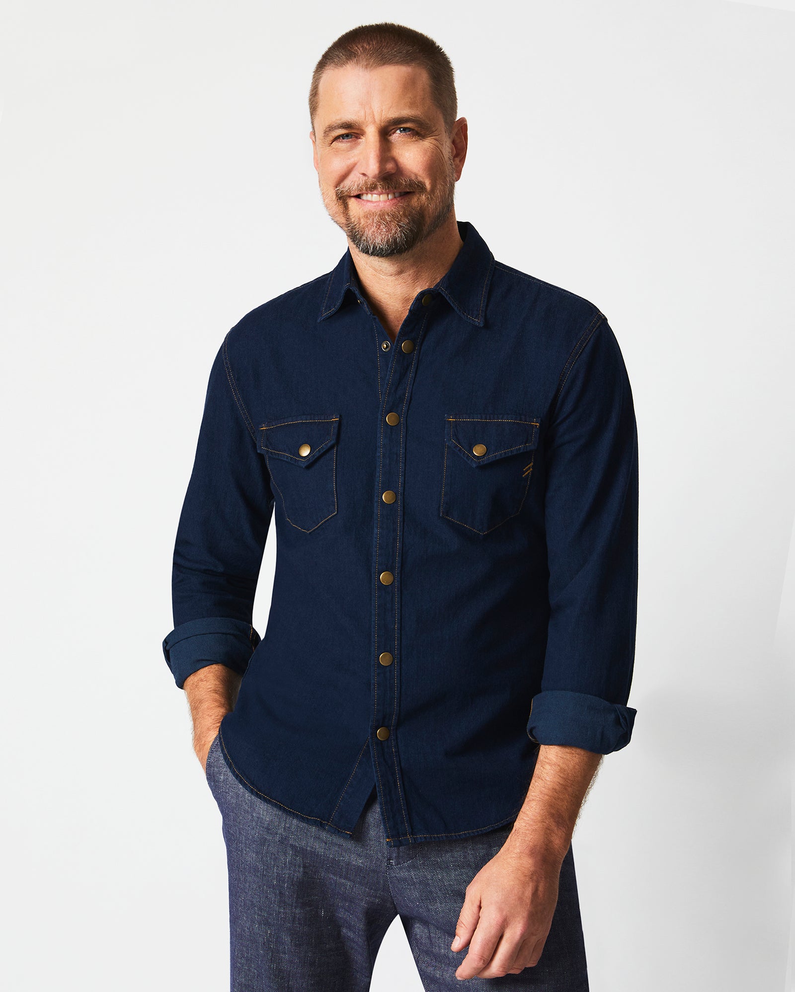 Male model wears the Shoals Denim double dye