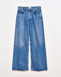 A pair of blue, high-waisted, wide-leg jeans with five pockets and a button closure, laid flat on a white background.