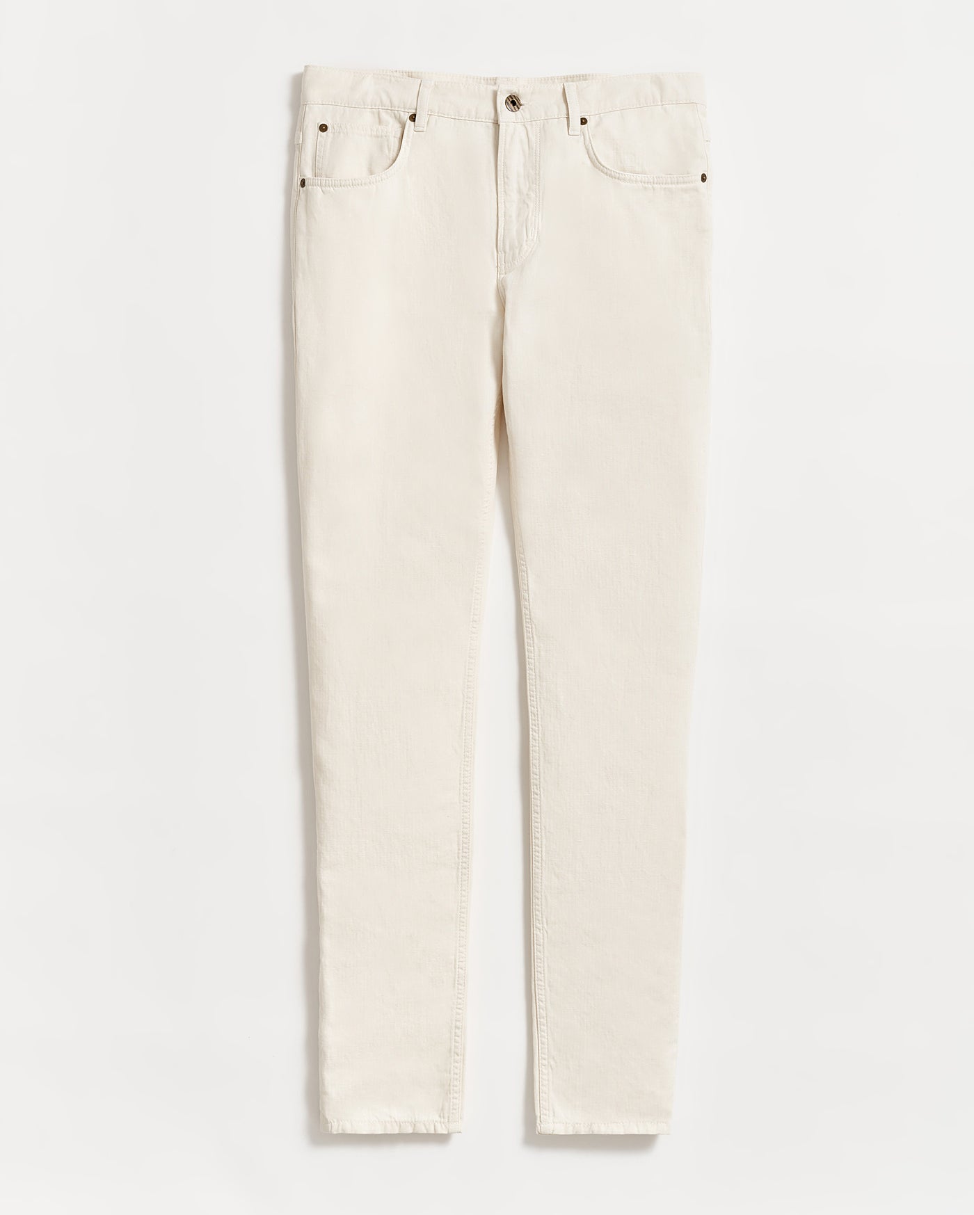 A pair of off-white, straight-leg jeans with a button and zip closure, front and back pockets, displayed flat on a white background.