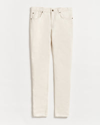 A pair of off-white, straight-leg jeans with a button and zip closure, front and back pockets, displayed flat on a white background.
