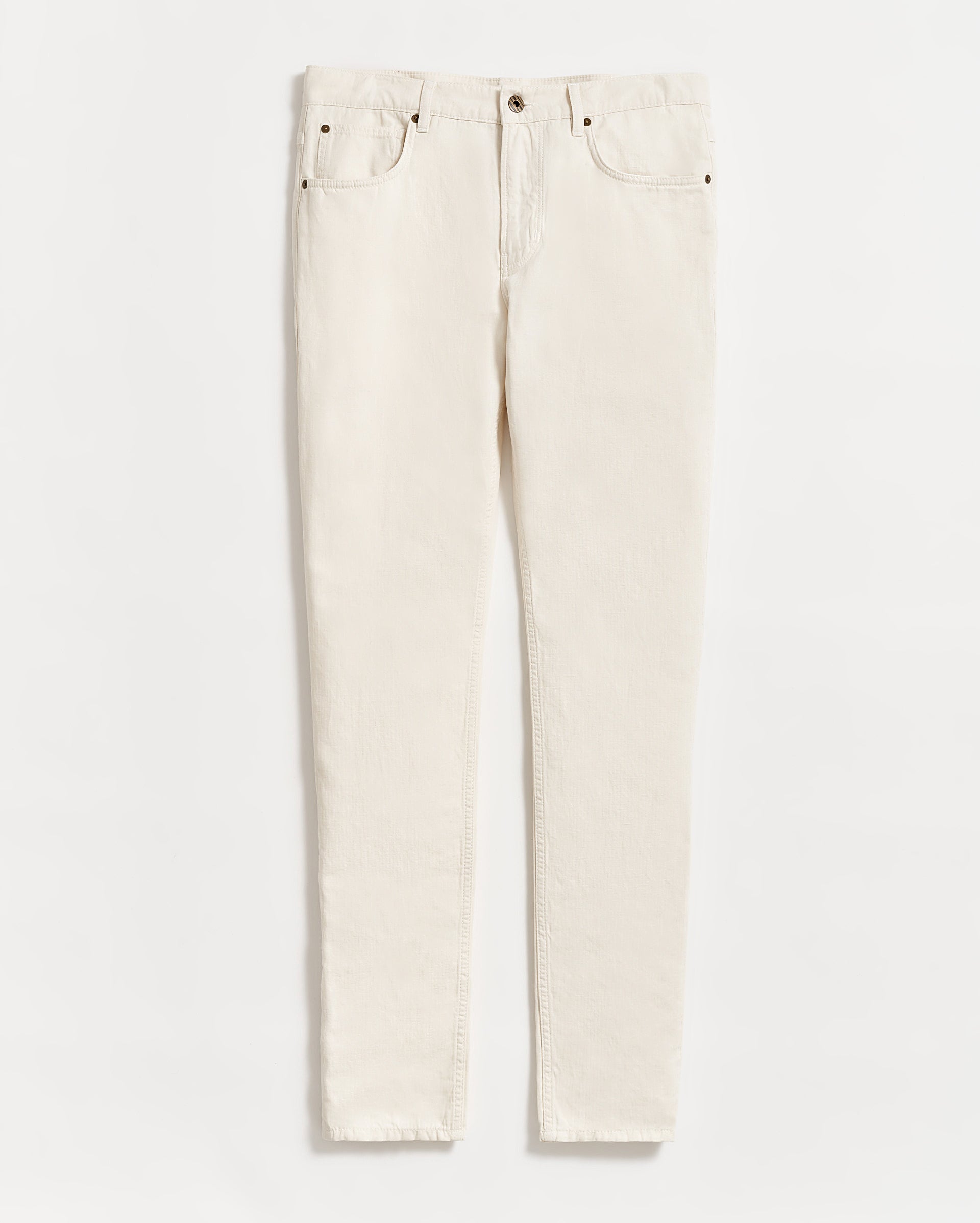 A pair of off-white, straight-leg jeans with a button and zip closure, front and back pockets, displayed flat on a white background.